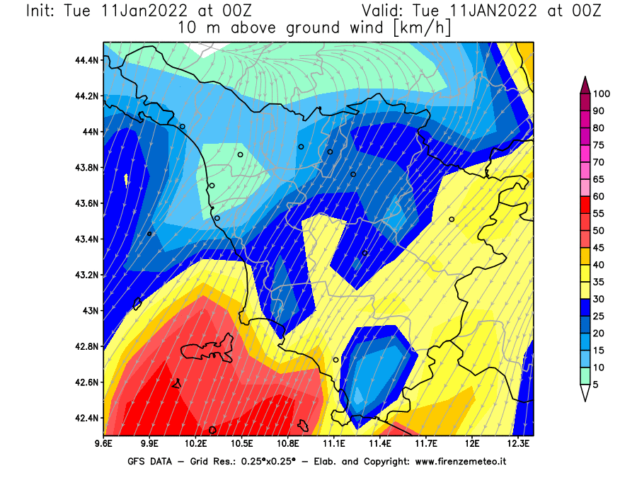 Mappa di analisi GFS - Velocità del vento a 10 metri dal suolo [km/h] in Toscana
							del 11/01/2022 00 <!--googleoff: index-->UTC<!--googleon: index-->