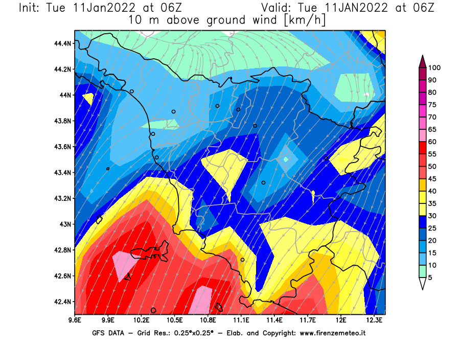 Mappa di analisi GFS - Velocità del vento a 10 metri dal suolo [km/h] in Toscana
							del 11/01/2022 06 <!--googleoff: index-->UTC<!--googleon: index-->