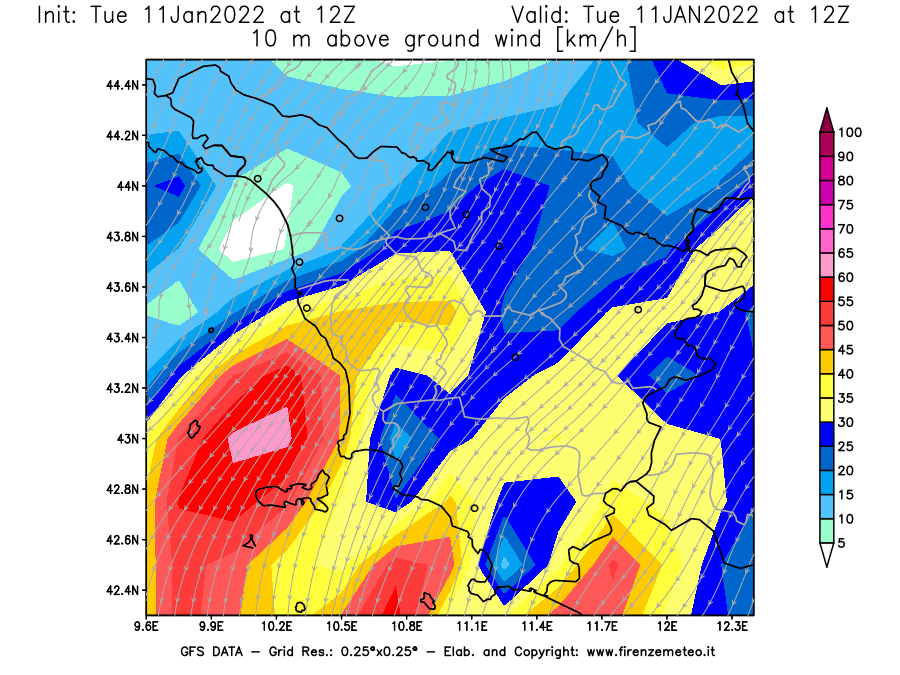 Mappa di analisi GFS - Velocità del vento a 10 metri dal suolo [km/h] in Toscana
							del 11/01/2022 12 <!--googleoff: index-->UTC<!--googleon: index-->