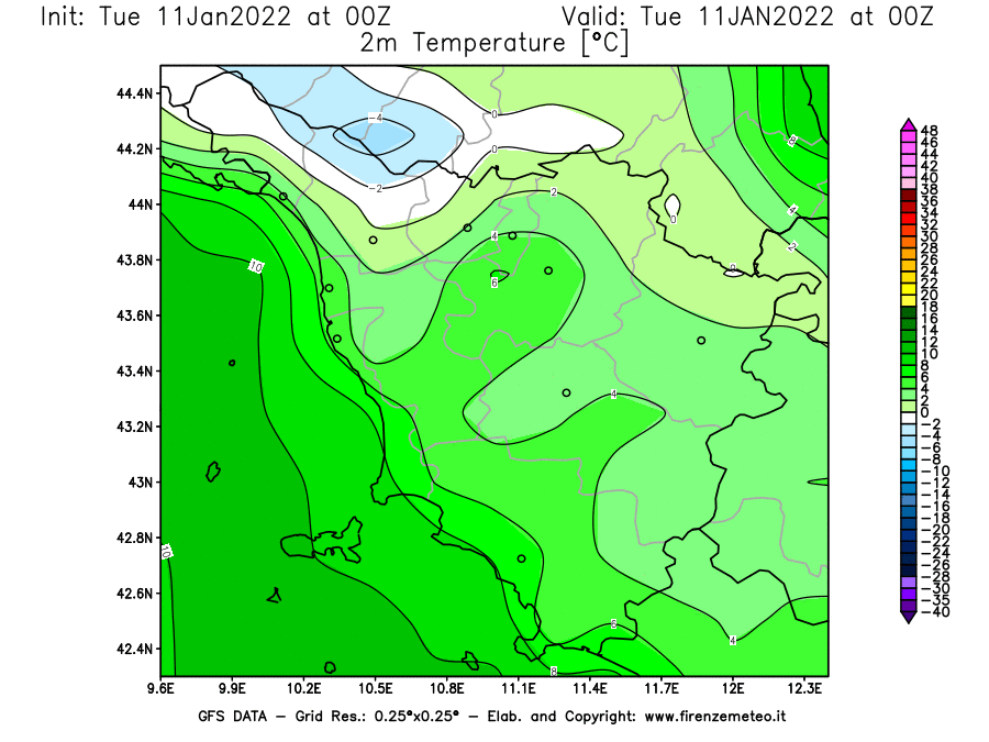 Mappa di analisi GFS - Temperatura a 2 metri dal suolo [°C] in Toscana
							del 11/01/2022 00 <!--googleoff: index-->UTC<!--googleon: index-->