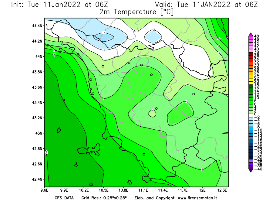 Mappa di analisi GFS - Temperatura a 2 metri dal suolo [°C] in Toscana
							del 11/01/2022 06 <!--googleoff: index-->UTC<!--googleon: index-->