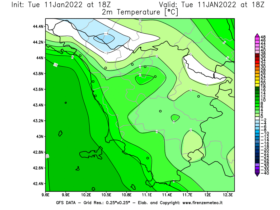 Mappa di analisi GFS - Temperatura a 2 metri dal suolo [°C] in Toscana
							del 11/01/2022 18 <!--googleoff: index-->UTC<!--googleon: index-->