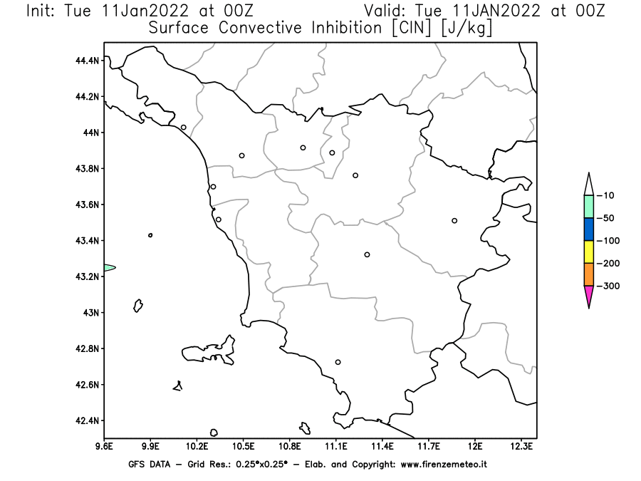Mappa di analisi GFS - CIN [J/kg] in Toscana
							del 11/01/2022 00 <!--googleoff: index-->UTC<!--googleon: index-->