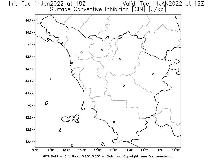 Mappa di analisi GFS - CIN [J/kg] in Toscana
							del 11/01/2022 18 <!--googleoff: index-->UTC<!--googleon: index-->