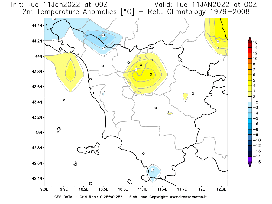 Mappa di analisi GFS - Anomalia Temperatura [°C] a 2 m in Toscana
							del 11/01/2022 00 <!--googleoff: index-->UTC<!--googleon: index-->