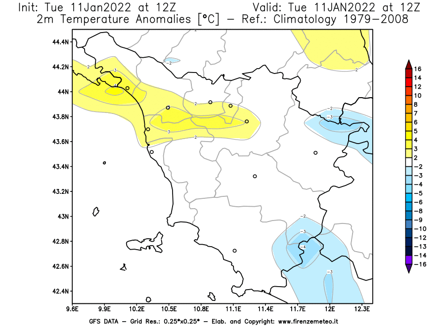 Mappa di analisi GFS - Anomalia Temperatura [°C] a 2 m in Toscana
							del 11/01/2022 12 <!--googleoff: index-->UTC<!--googleon: index-->