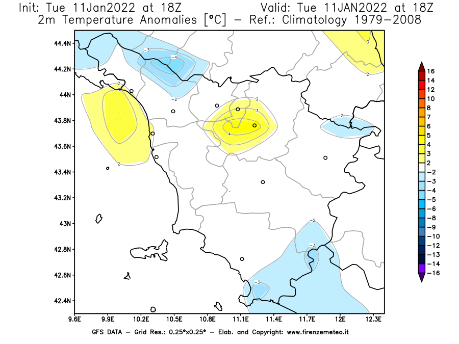 Mappa di analisi GFS - Anomalia Temperatura [°C] a 2 m in Toscana
							del 11/01/2022 18 <!--googleoff: index-->UTC<!--googleon: index-->