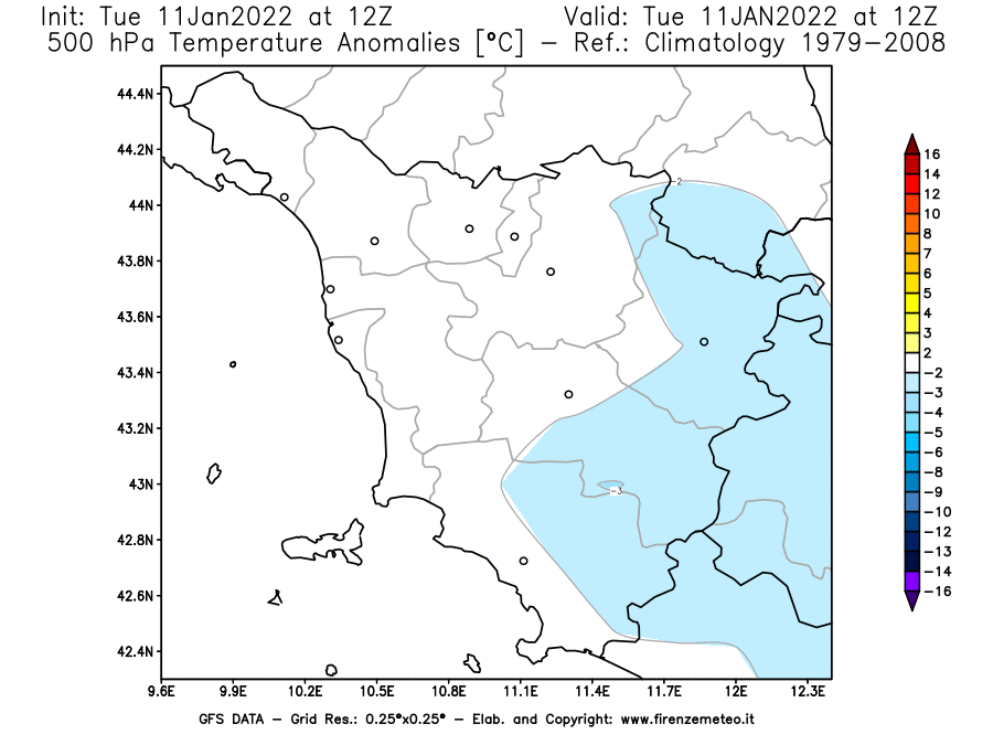 Mappa di analisi GFS - Anomalia Temperatura [°C] a 500 hPa in Toscana
							del 11/01/2022 12 <!--googleoff: index-->UTC<!--googleon: index-->