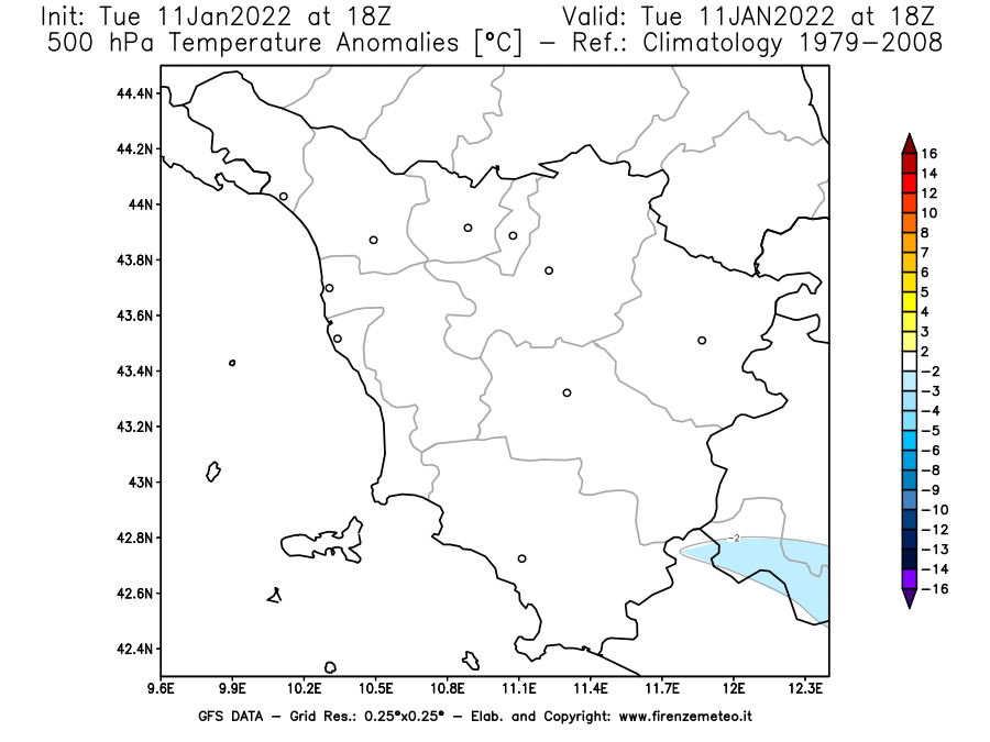 Mappa di analisi GFS - Anomalia Temperatura [°C] a 500 hPa in Toscana
							del 11/01/2022 18 <!--googleoff: index-->UTC<!--googleon: index-->