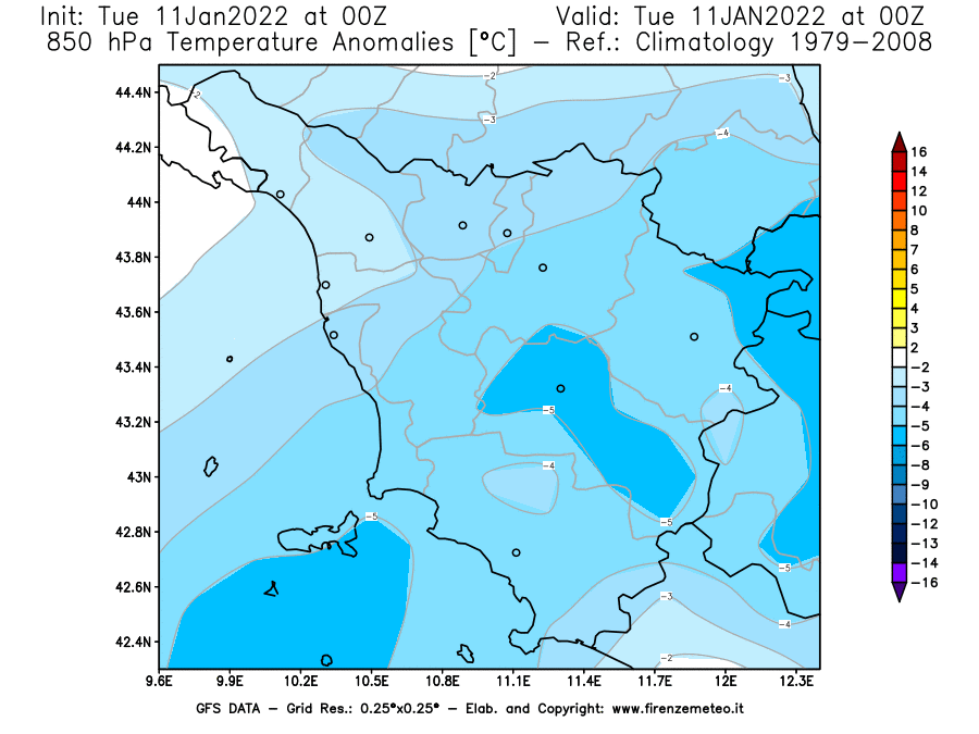 Mappa di analisi GFS - Anomalia Temperatura [°C] a 850 hPa in Toscana
							del 11/01/2022 00 <!--googleoff: index-->UTC<!--googleon: index-->