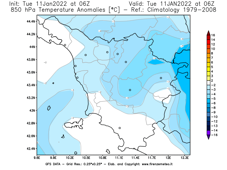 Mappa di analisi GFS - Anomalia Temperatura [°C] a 850 hPa in Toscana
							del 11/01/2022 06 <!--googleoff: index-->UTC<!--googleon: index-->