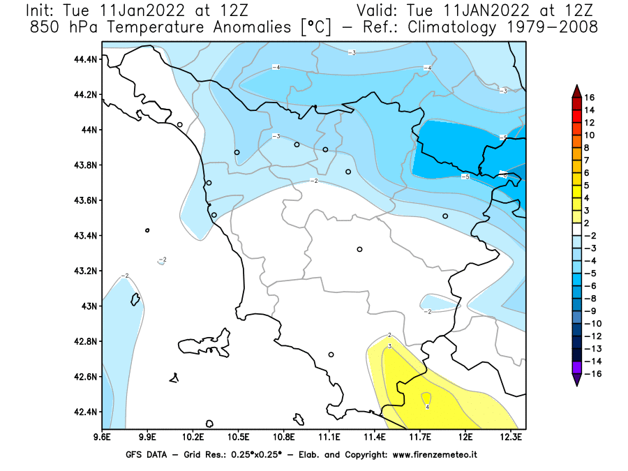 Mappa di analisi GFS - Anomalia Temperatura [°C] a 850 hPa in Toscana
							del 11/01/2022 12 <!--googleoff: index-->UTC<!--googleon: index-->