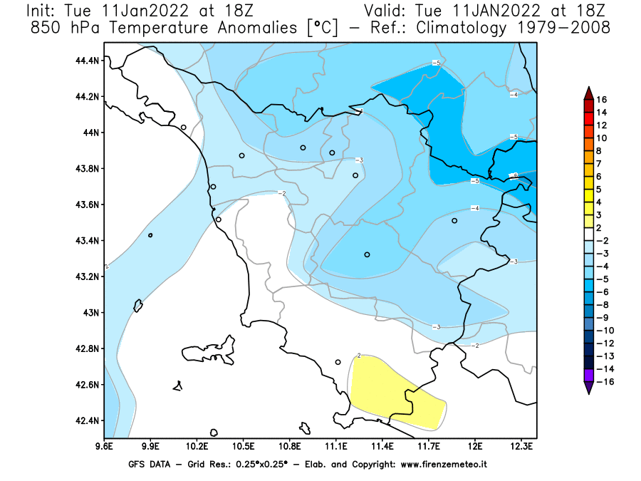Mappa di analisi GFS - Anomalia Temperatura [°C] a 850 hPa in Toscana
							del 11/01/2022 18 <!--googleoff: index-->UTC<!--googleon: index-->