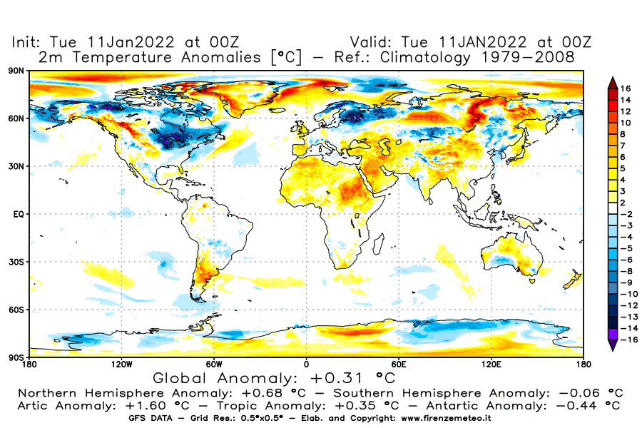 Mappa di analisi GFS - Anomalia Temperatura [°C] a 2 m in World
							del 11/01/2022 00 <!--googleoff: index-->UTC<!--googleon: index-->