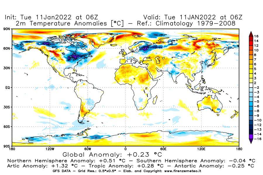 Mappa di analisi GFS - Anomalia Temperatura [°C] a 2 m in World
							del 11/01/2022 06 <!--googleoff: index-->UTC<!--googleon: index-->