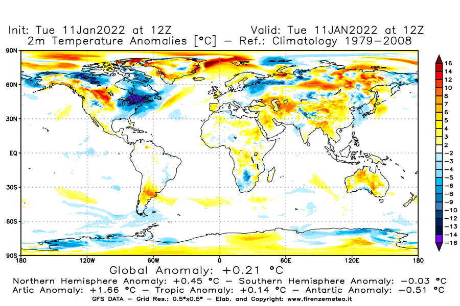 Mappa di analisi GFS - Anomalia Temperatura [°C] a 2 m in World
							del 11/01/2022 12 <!--googleoff: index-->UTC<!--googleon: index-->