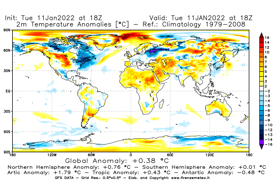Mappa di analisi GFS - Anomalia Temperatura [°C] a 2 m in World
							del 11/01/2022 18 <!--googleoff: index-->UTC<!--googleon: index-->