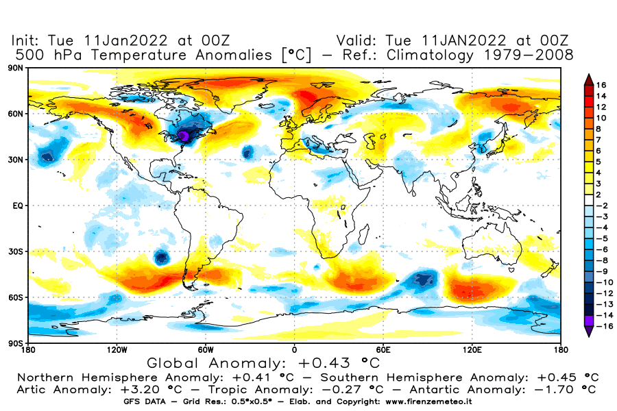 Mappa di analisi GFS - Anomalia Temperatura [°C] a 500 hPa in World
							del 11/01/2022 00 <!--googleoff: index-->UTC<!--googleon: index-->