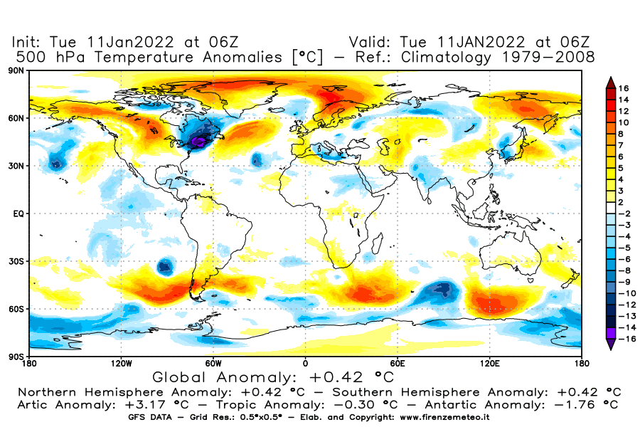 Mappa di analisi GFS - Anomalia Temperatura [°C] a 500 hPa in World
							del 11/01/2022 06 <!--googleoff: index-->UTC<!--googleon: index-->