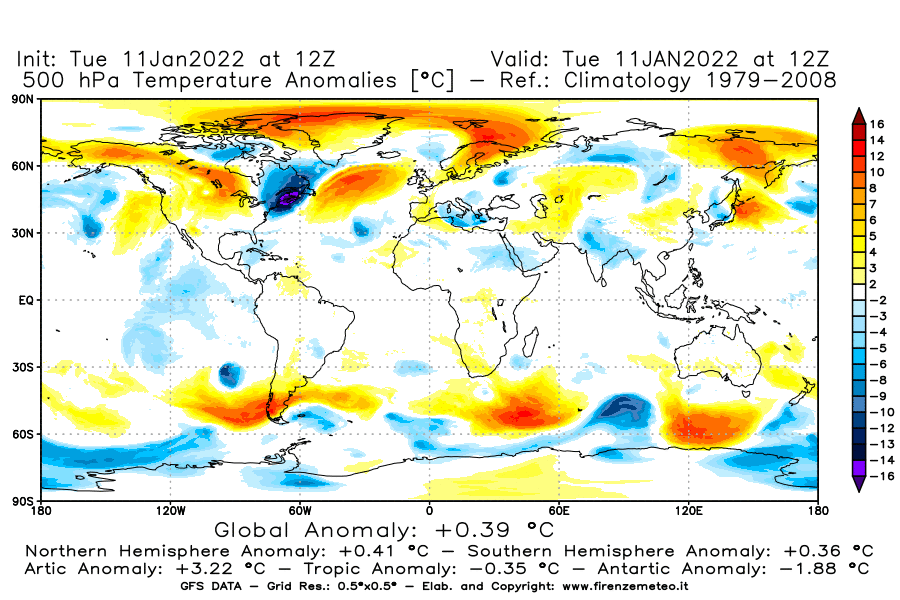 Mappa di analisi GFS - Anomalia Temperatura [°C] a 500 hPa in World
							del 11/01/2022 12 <!--googleoff: index-->UTC<!--googleon: index-->
