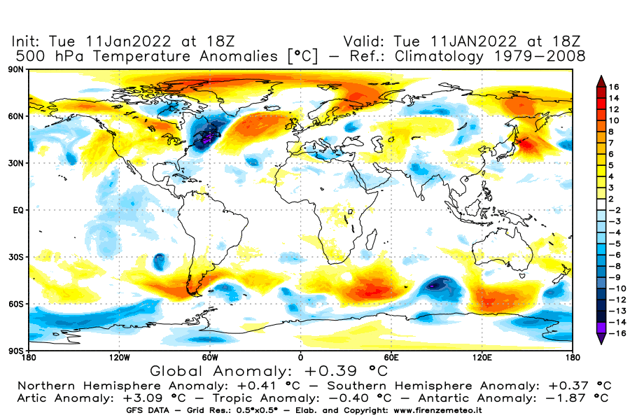 Mappa di analisi GFS - Anomalia Temperatura [°C] a 500 hPa in World
							del 11/01/2022 18 <!--googleoff: index-->UTC<!--googleon: index-->