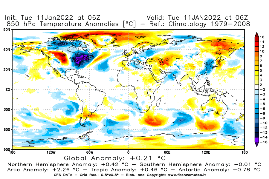 Mappa di analisi GFS - Anomalia Temperatura [°C] a 850 hPa in World
							del 11/01/2022 06 <!--googleoff: index-->UTC<!--googleon: index-->