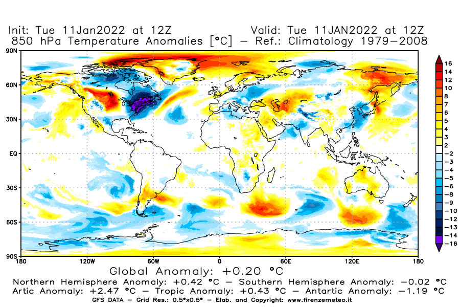 Mappa di analisi GFS - Anomalia Temperatura [°C] a 850 hPa in World
							del 11/01/2022 12 <!--googleoff: index-->UTC<!--googleon: index-->