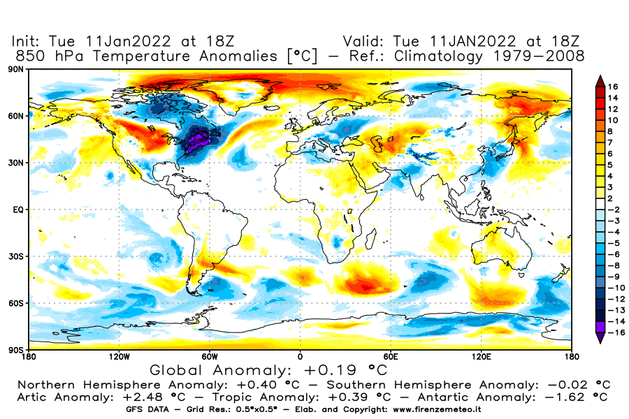 Mappa di analisi GFS - Anomalia Temperatura [°C] a 850 hPa in World
							del 11/01/2022 18 <!--googleoff: index-->UTC<!--googleon: index-->