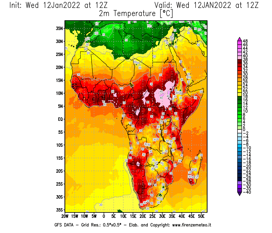 Mappa di analisi GFS - Temperatura a 2 metri dal suolo [°C] in Africa
							del 12/01/2022 12 <!--googleoff: index-->UTC<!--googleon: index-->