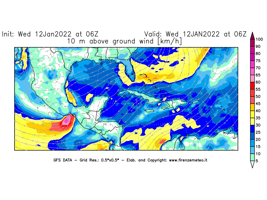 Mappa di analisi GFS - Velocità del vento a 10 metri dal suolo [km/h] in Centro-America
							del 12/01/2022 06 <!--googleoff: index-->UTC<!--googleon: index-->