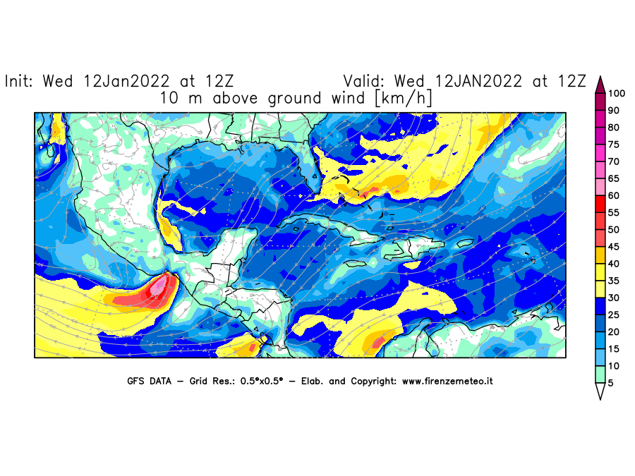 Mappa di analisi GFS - Velocità del vento a 10 metri dal suolo [km/h] in Centro-America
							del 12/01/2022 12 <!--googleoff: index-->UTC<!--googleon: index-->
