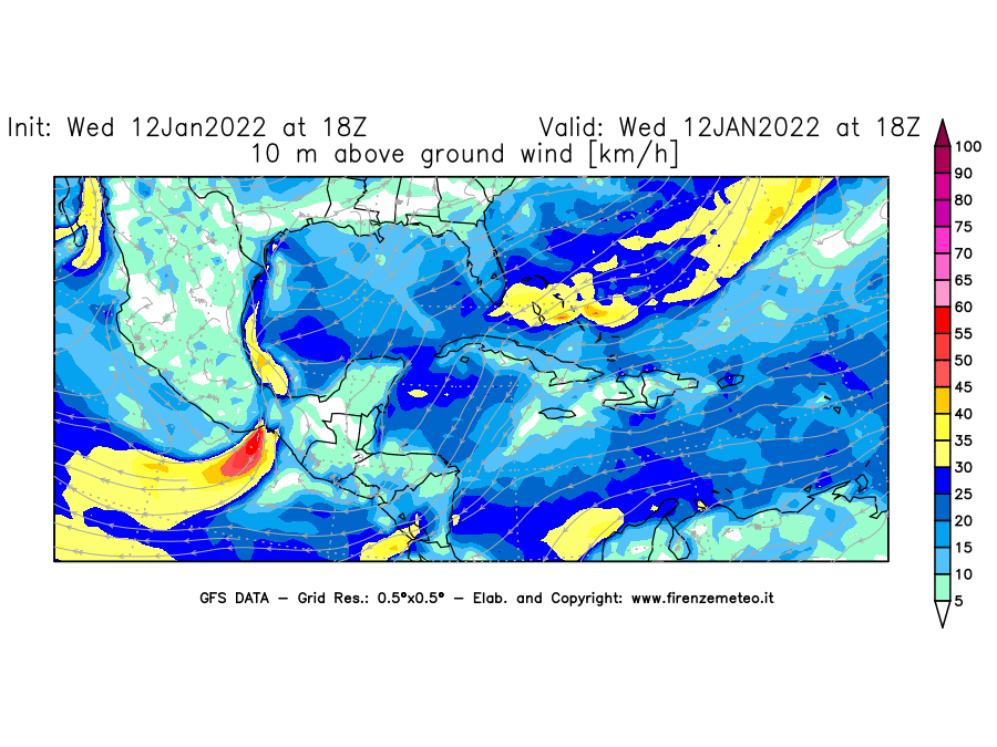 Mappa di analisi GFS - Velocità del vento a 10 metri dal suolo [km/h] in Centro-America
							del 12/01/2022 18 <!--googleoff: index-->UTC<!--googleon: index-->