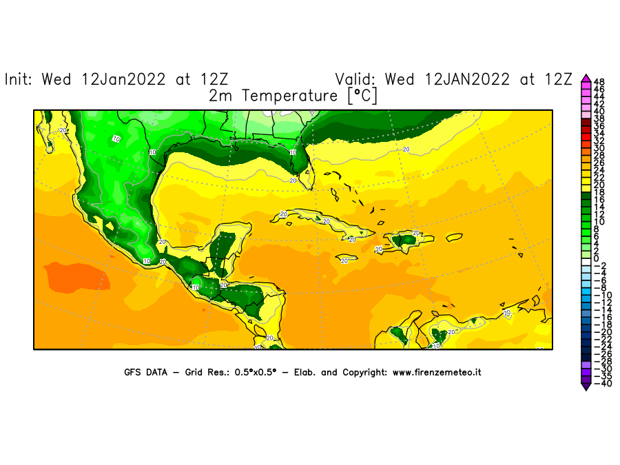 Mappa di analisi GFS - Temperatura a 2 metri dal suolo [°C] in Centro-America
							del 12/01/2022 12 <!--googleoff: index-->UTC<!--googleon: index-->