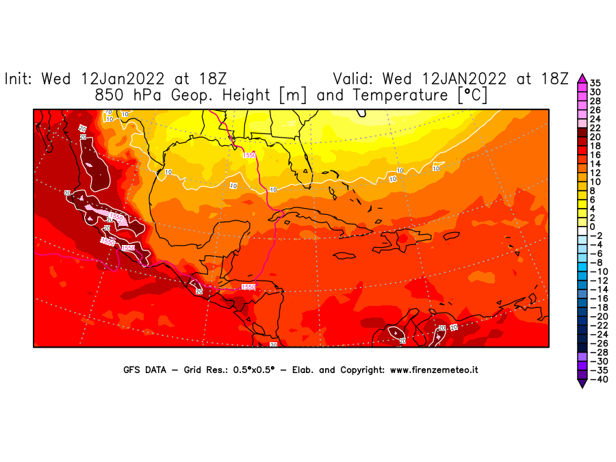 Mappa di analisi GFS - Geopotenziale [m] e Temperatura [°C] a 850 hPa in Centro-America
							del 12/01/2022 18 <!--googleoff: index-->UTC<!--googleon: index-->