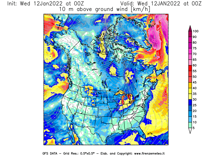 Mappa di analisi GFS - Velocità del vento a 10 metri dal suolo [km/h] in Nord-America
							del 12/01/2022 00 <!--googleoff: index-->UTC<!--googleon: index-->