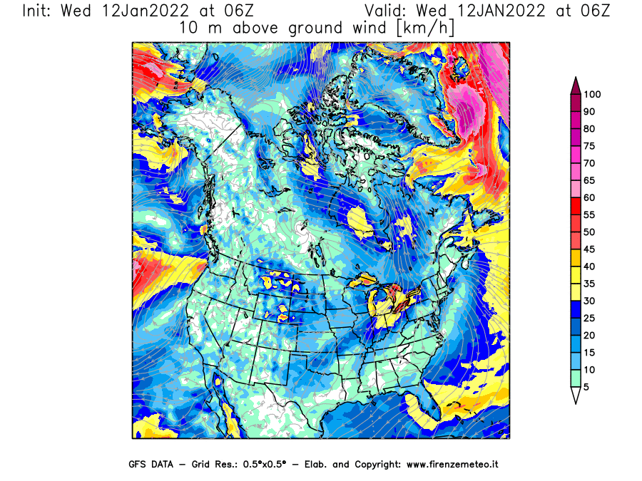 Mappa di analisi GFS - Velocità del vento a 10 metri dal suolo [km/h] in Nord-America
							del 12/01/2022 06 <!--googleoff: index-->UTC<!--googleon: index-->