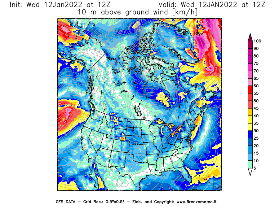 Mappa di analisi GFS - Velocità del vento a 10 metri dal suolo [km/h] in Nord-America
							del 12/01/2022 12 <!--googleoff: index-->UTC<!--googleon: index-->