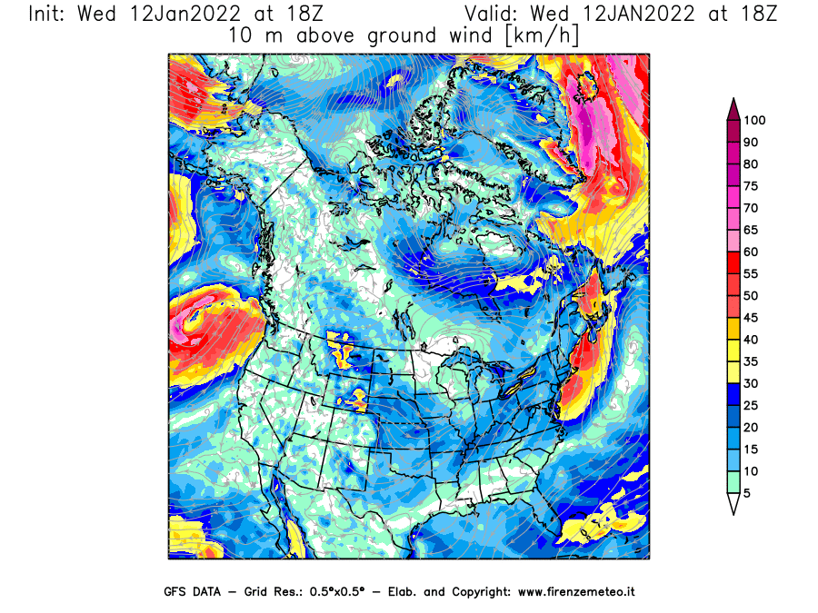 Mappa di analisi GFS - Velocità del vento a 10 metri dal suolo [km/h] in Nord-America
							del 12/01/2022 18 <!--googleoff: index-->UTC<!--googleon: index-->
