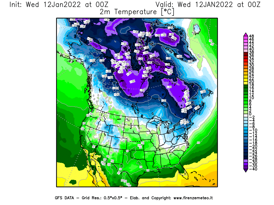 Mappa di analisi GFS - Temperatura a 2 metri dal suolo [°C] in Nord-America
							del 12/01/2022 00 <!--googleoff: index-->UTC<!--googleon: index-->