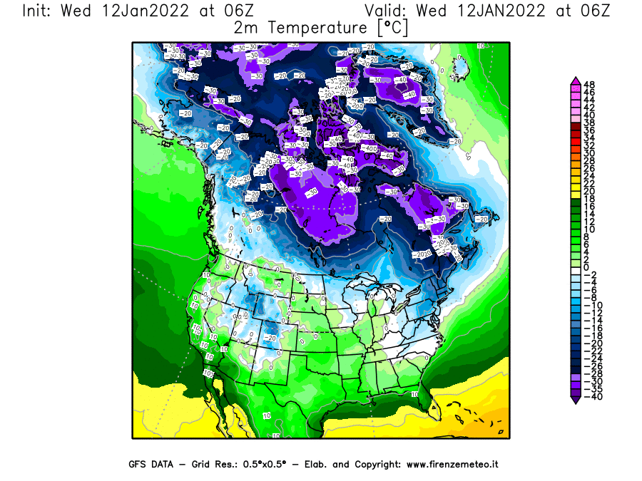 Mappa di analisi GFS - Temperatura a 2 metri dal suolo [°C] in Nord-America
							del 12/01/2022 06 <!--googleoff: index-->UTC<!--googleon: index-->