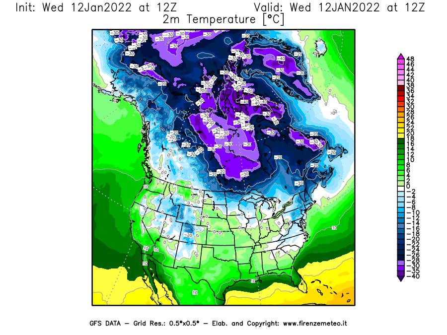 Mappa di analisi GFS - Temperatura a 2 metri dal suolo [°C] in Nord-America
							del 12/01/2022 12 <!--googleoff: index-->UTC<!--googleon: index-->