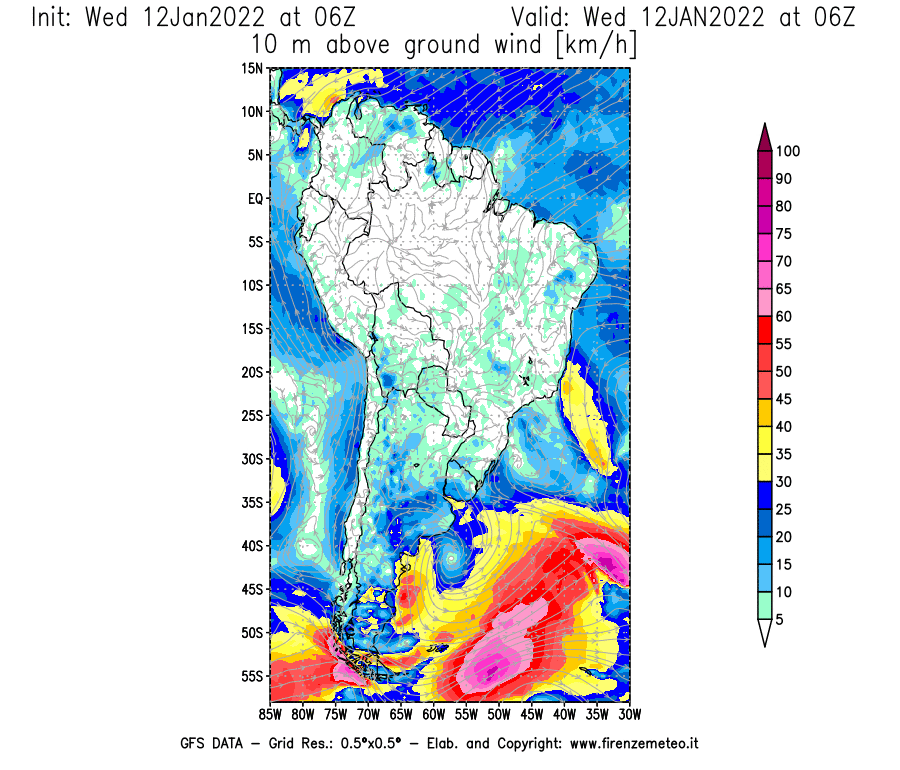 Mappa di analisi GFS - Velocità del vento a 10 metri dal suolo [km/h] in Sud-America
							del 12/01/2022 06 <!--googleoff: index-->UTC<!--googleon: index-->