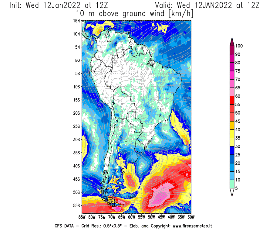 Mappa di analisi GFS - Velocità del vento a 10 metri dal suolo [km/h] in Sud-America
							del 12/01/2022 12 <!--googleoff: index-->UTC<!--googleon: index-->