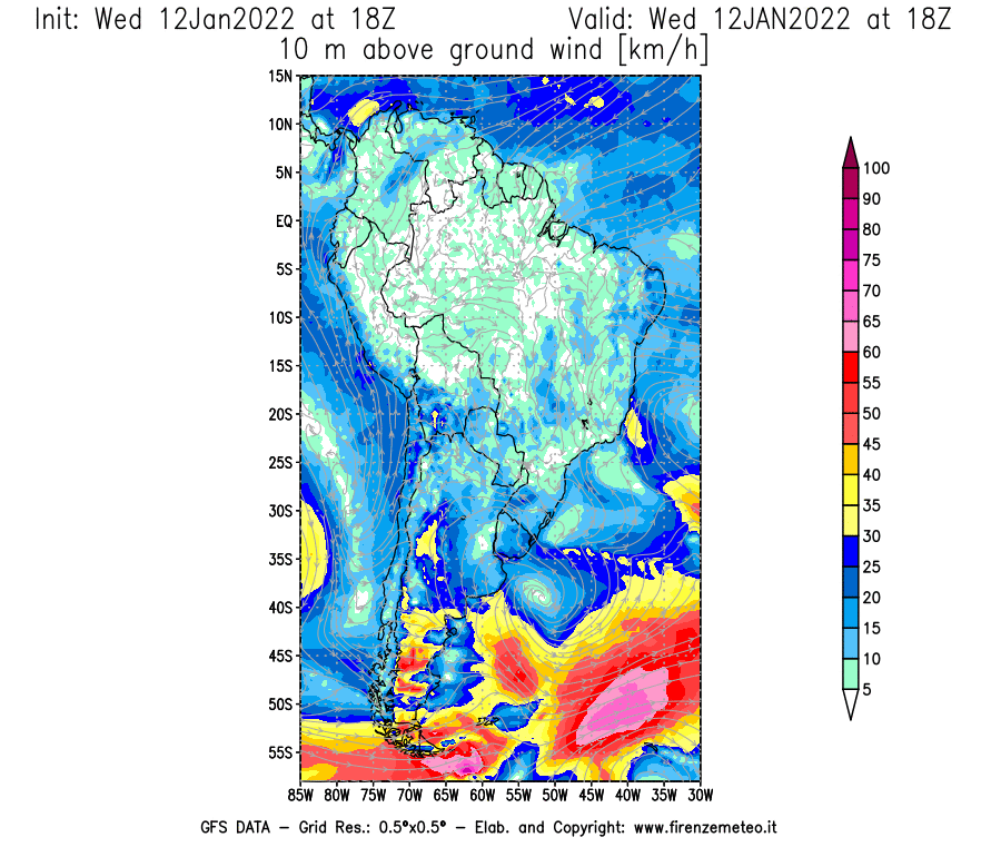 Mappa di analisi GFS - Velocità del vento a 10 metri dal suolo [km/h] in Sud-America
							del 12/01/2022 18 <!--googleoff: index-->UTC<!--googleon: index-->