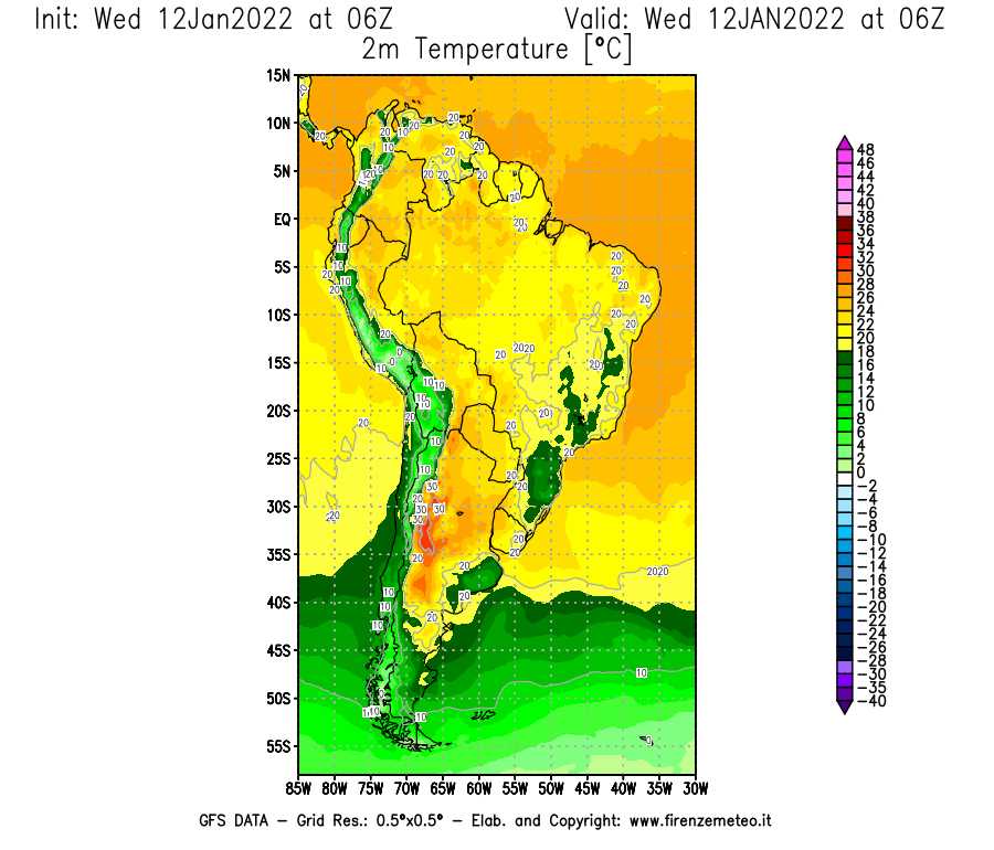 Mappa di analisi GFS - Temperatura a 2 metri dal suolo [°C] in Sud-America
							del 12/01/2022 06 <!--googleoff: index-->UTC<!--googleon: index-->