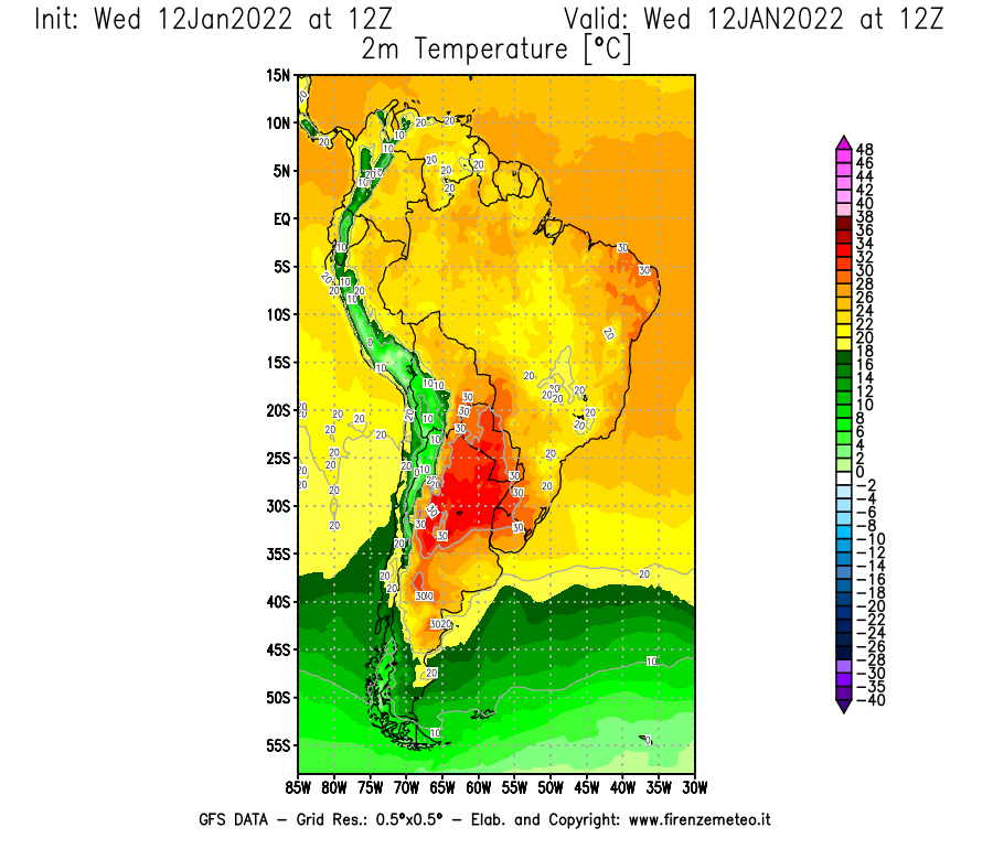 Mappa di analisi GFS - Temperatura a 2 metri dal suolo [°C] in Sud-America
							del 12/01/2022 12 <!--googleoff: index-->UTC<!--googleon: index-->