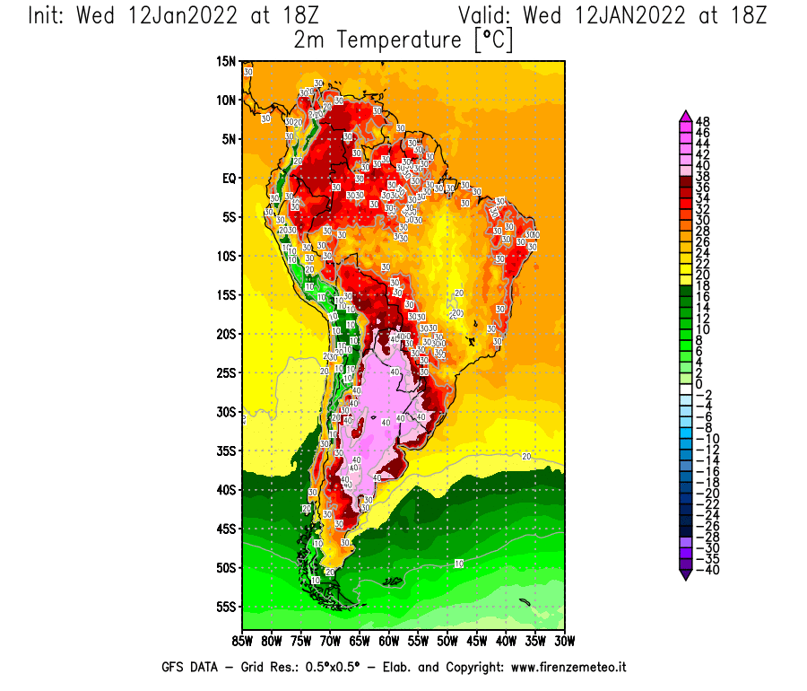 Mappa di analisi GFS - Temperatura a 2 metri dal suolo [°C] in Sud-America
							del 12/01/2022 18 <!--googleoff: index-->UTC<!--googleon: index-->