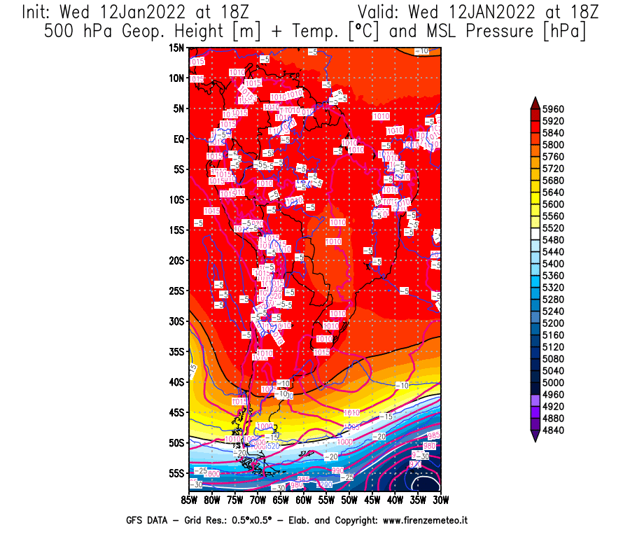 Mappa di analisi GFS - Geopotenziale [m] + Temp. [°C] a 500 hPa + Press. a livello del mare [hPa] in Sud-America
							del 12/01/2022 18 <!--googleoff: index-->UTC<!--googleon: index-->