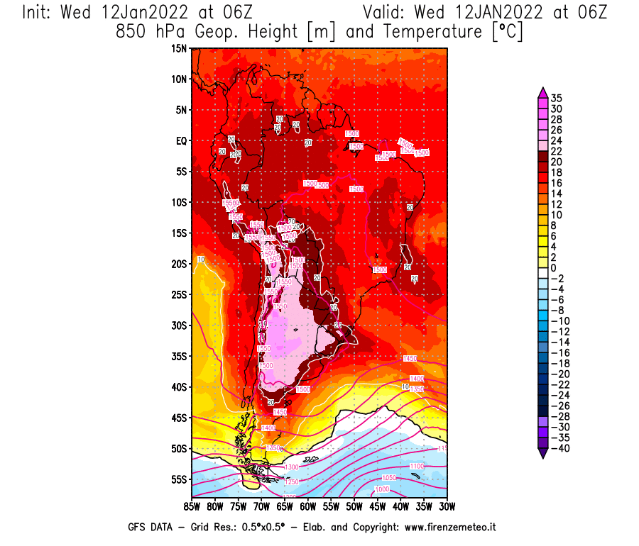Mappa di analisi GFS - Geopotenziale [m] e Temperatura [°C] a 850 hPa in Sud-America
							del 12/01/2022 06 <!--googleoff: index-->UTC<!--googleon: index-->