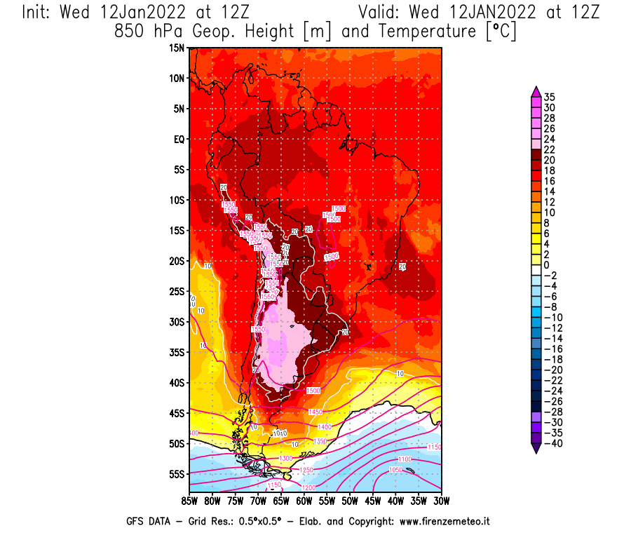 Mappa di analisi GFS - Geopotenziale [m] e Temperatura [°C] a 850 hPa in Sud-America
							del 12/01/2022 12 <!--googleoff: index-->UTC<!--googleon: index-->